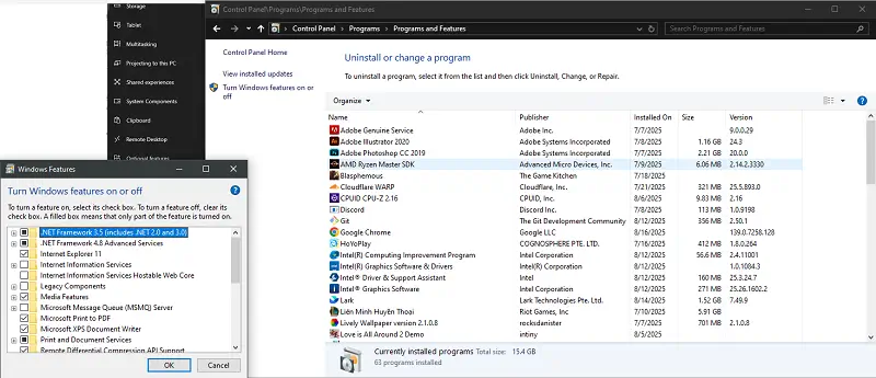 Turn Windows features on or off